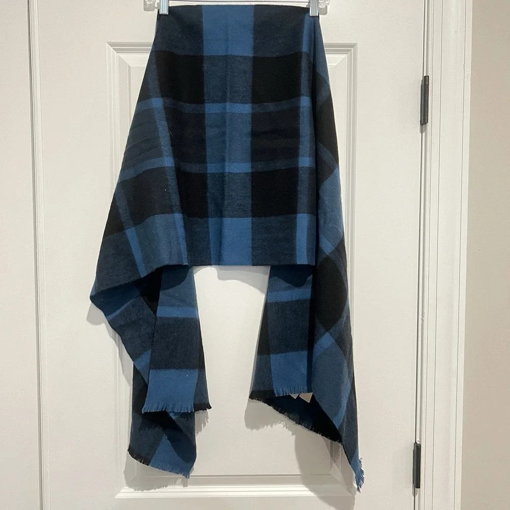 Coach Wool Cashmere Check Scarf Blue Black Plaid Oversized Wrap 72